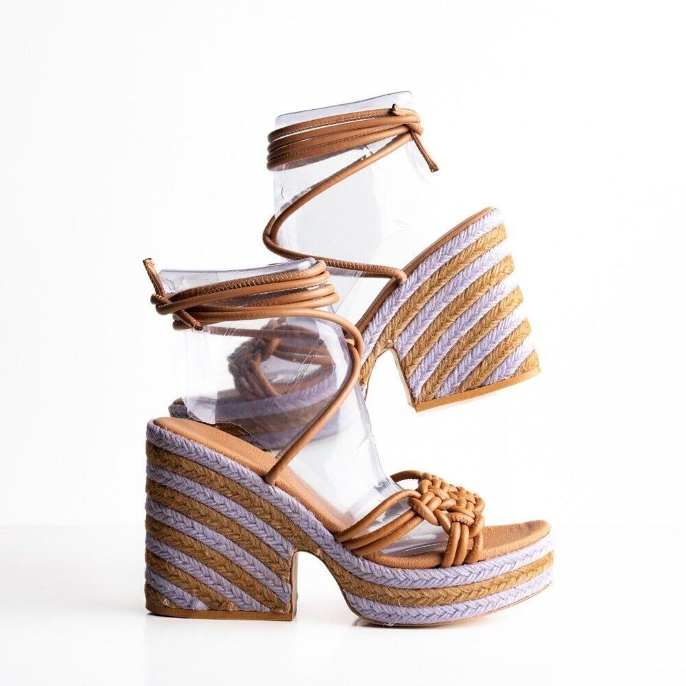 Anthropologie Womens Raffia Platform Ankle Tie Sandals US 9 EU 40 Purple NWB